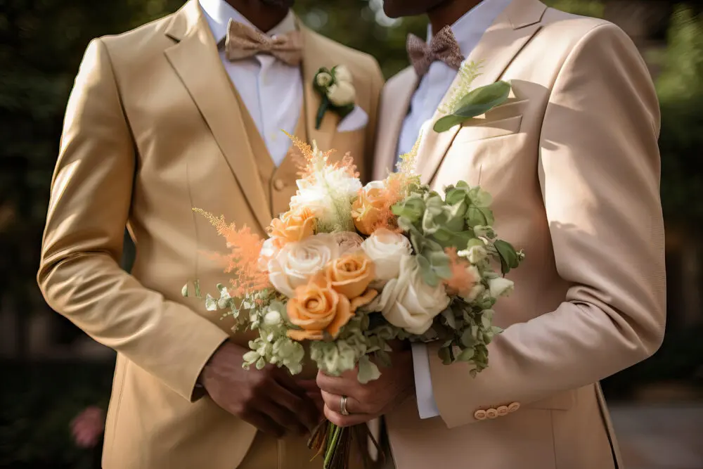 two men in suits holding a bouquet 