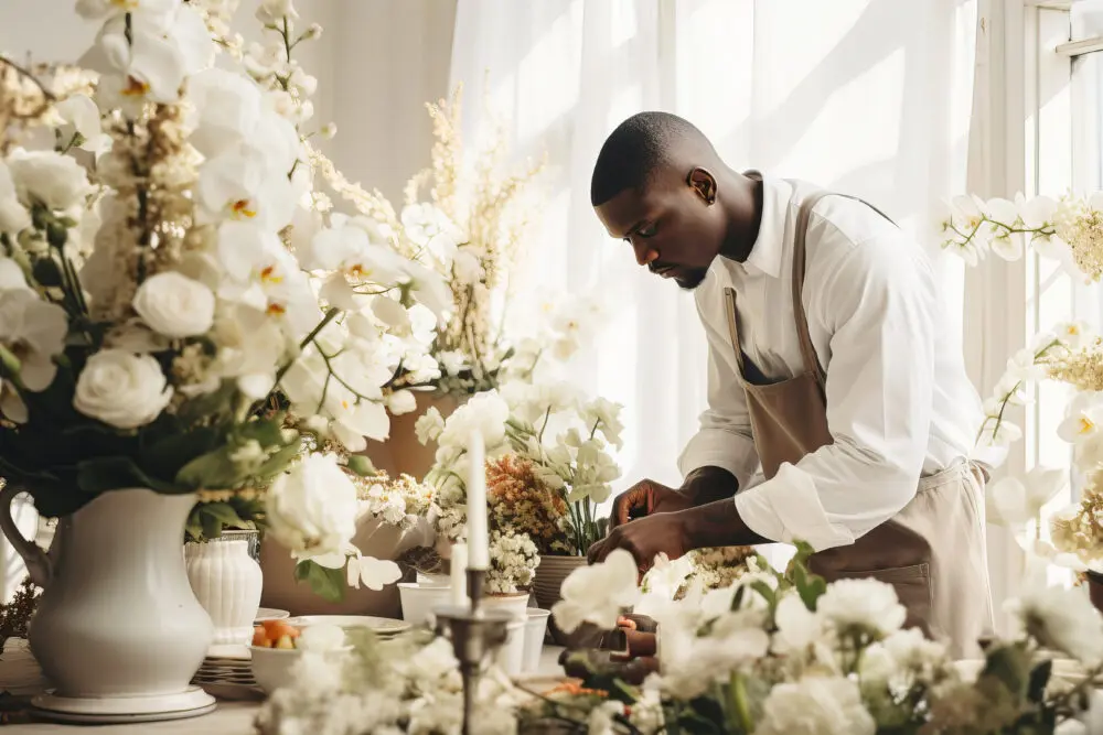 black florist putting together an arrangement 