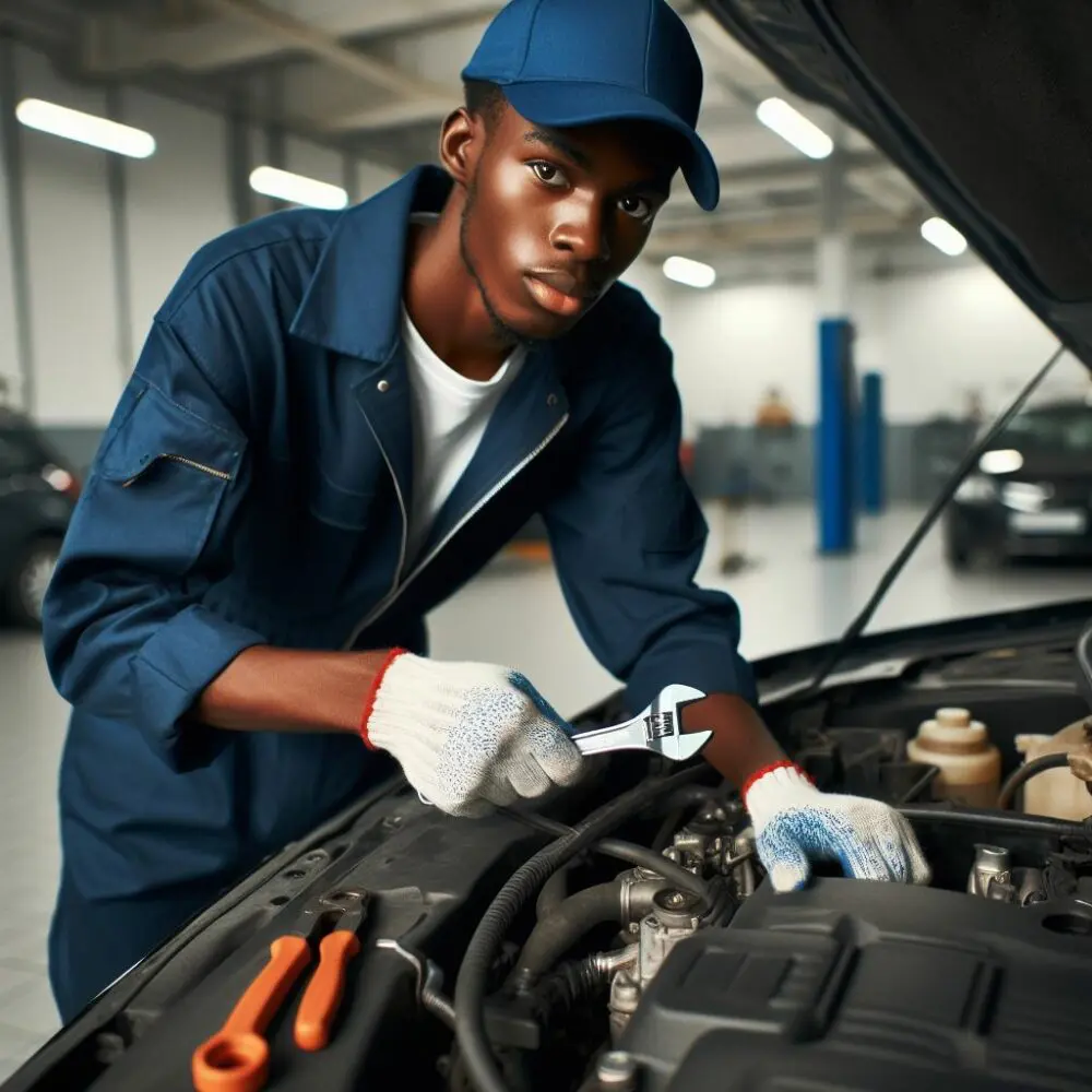 young man working on a car in an auto shop