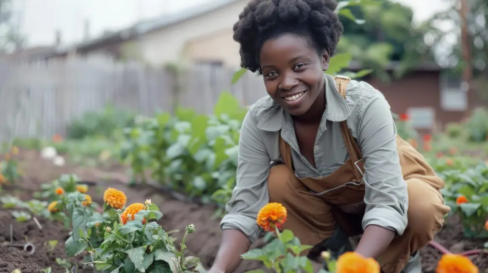 Happy black woman crouching, cultivating a flower garden, copy space
