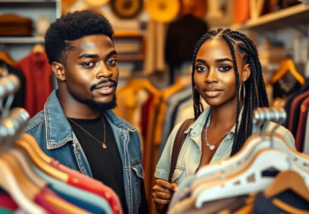 couple shopping for vintage clothes. 